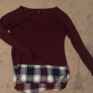Massini Maroon Long Sleeve Top with Plaid Layered Hem
